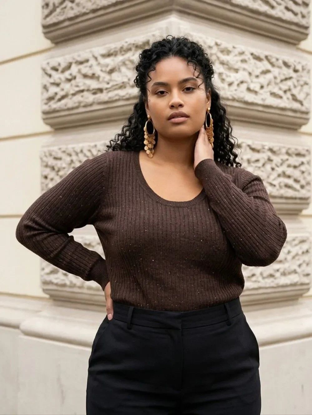 Merona Chocolate Brown Ribbed Scoop Neck Sweater XXL Pullover Knit Y2K Fitted
